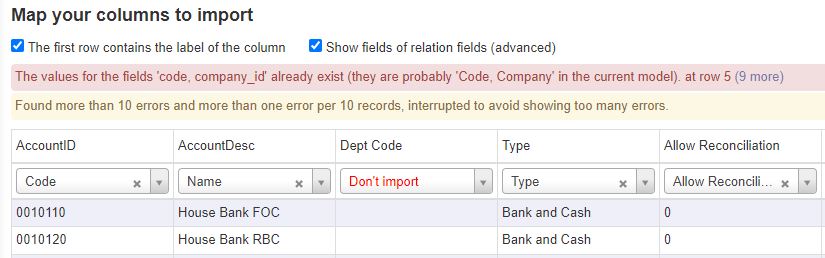 Error Message Import COA Odoo