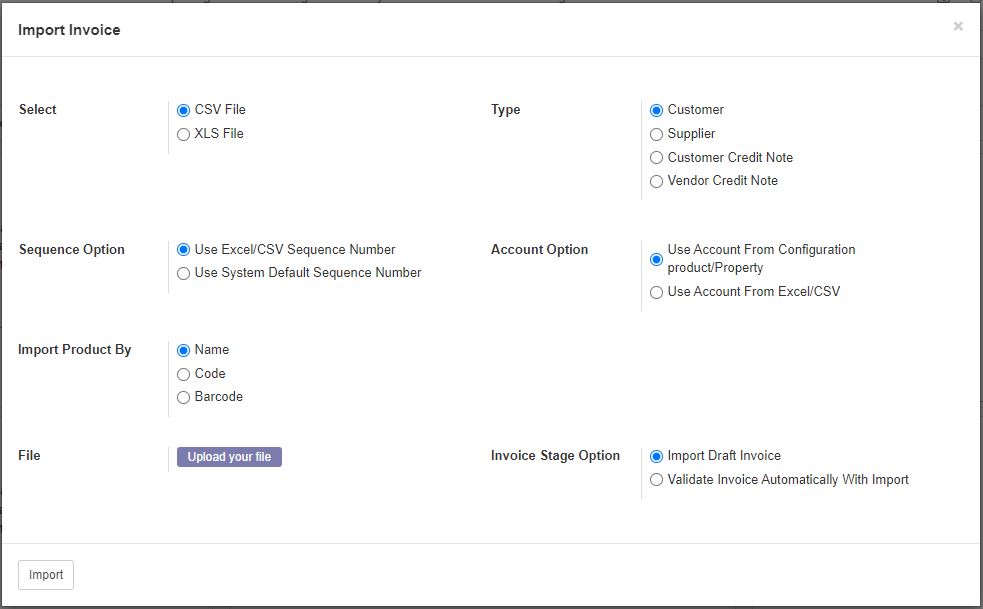 Import Invoice Pop Up Screen