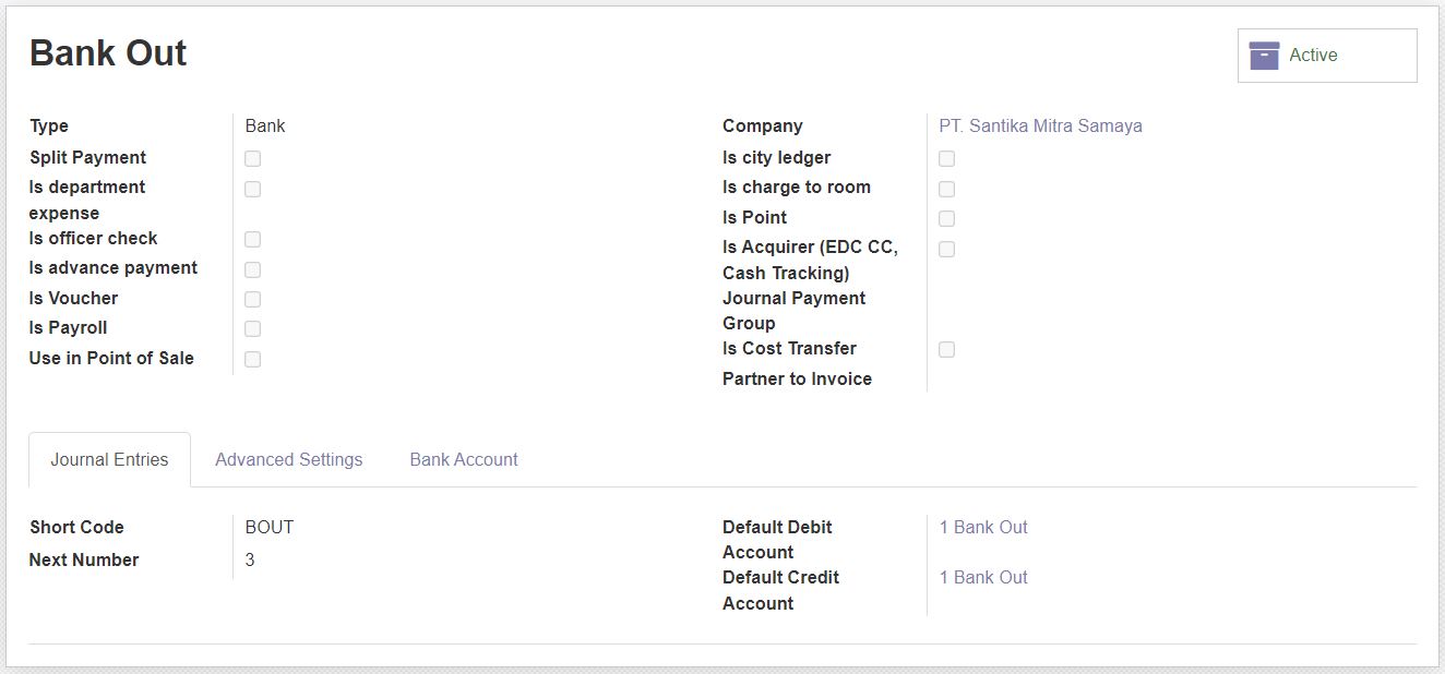 Journal type Bank before modification