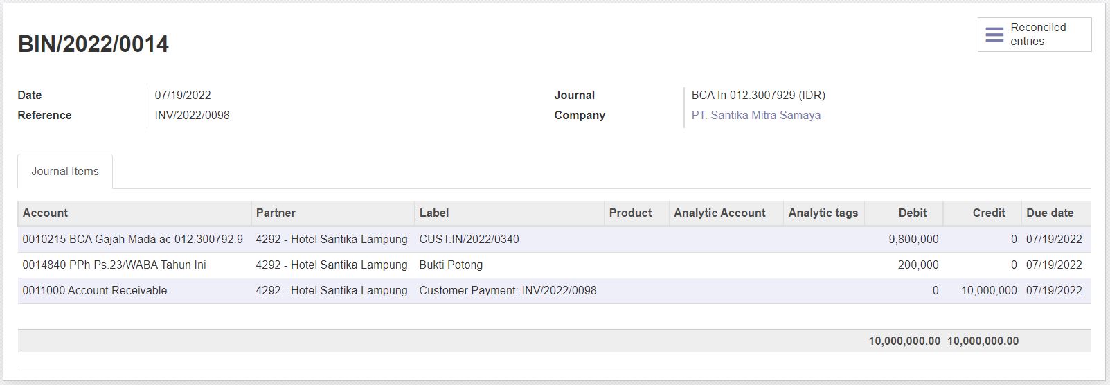 Journal payment registration at the same time