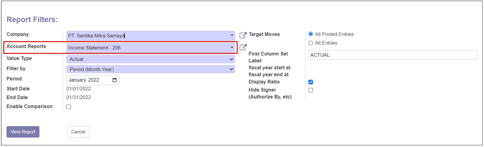 Screen Account Reports Selection