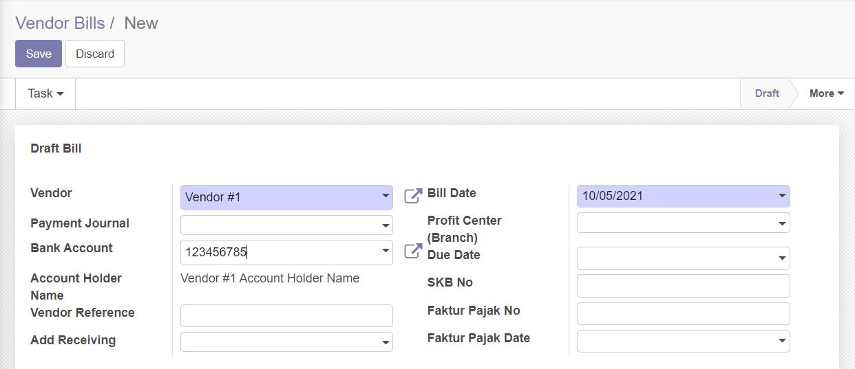 Vendor bill account holder name